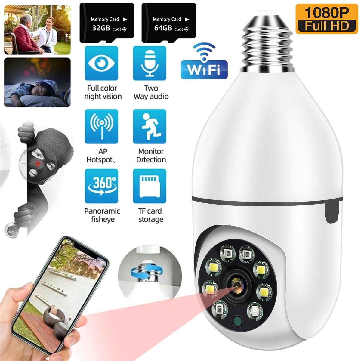 d0101h9utdv Pet camera E27 Surveillance Camera LED Light Bulb Socket 360° 2.4G WiFi Security Protection 1080P Spotlight Automatic Human Tracking - Image 1
