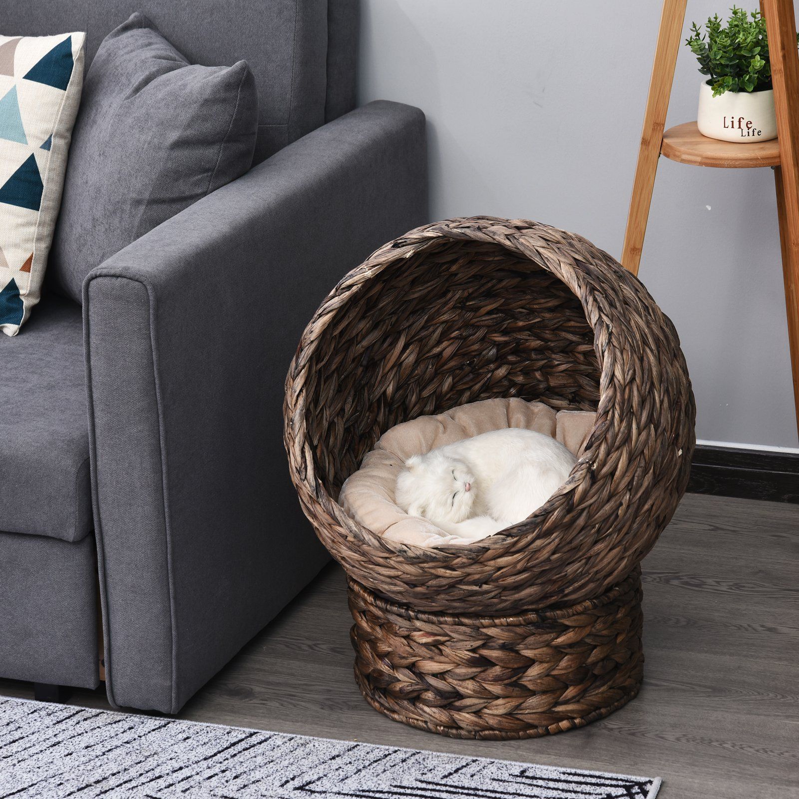 d010275750p PawHut Handmade Wicker Elevated Cat Bed with Cushion Dark Brown for Kittens - Image 2