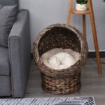 PawHut Handmade Wicker Elevated Cat Bed with Cushion Dark Brown for Kittens - Image 7