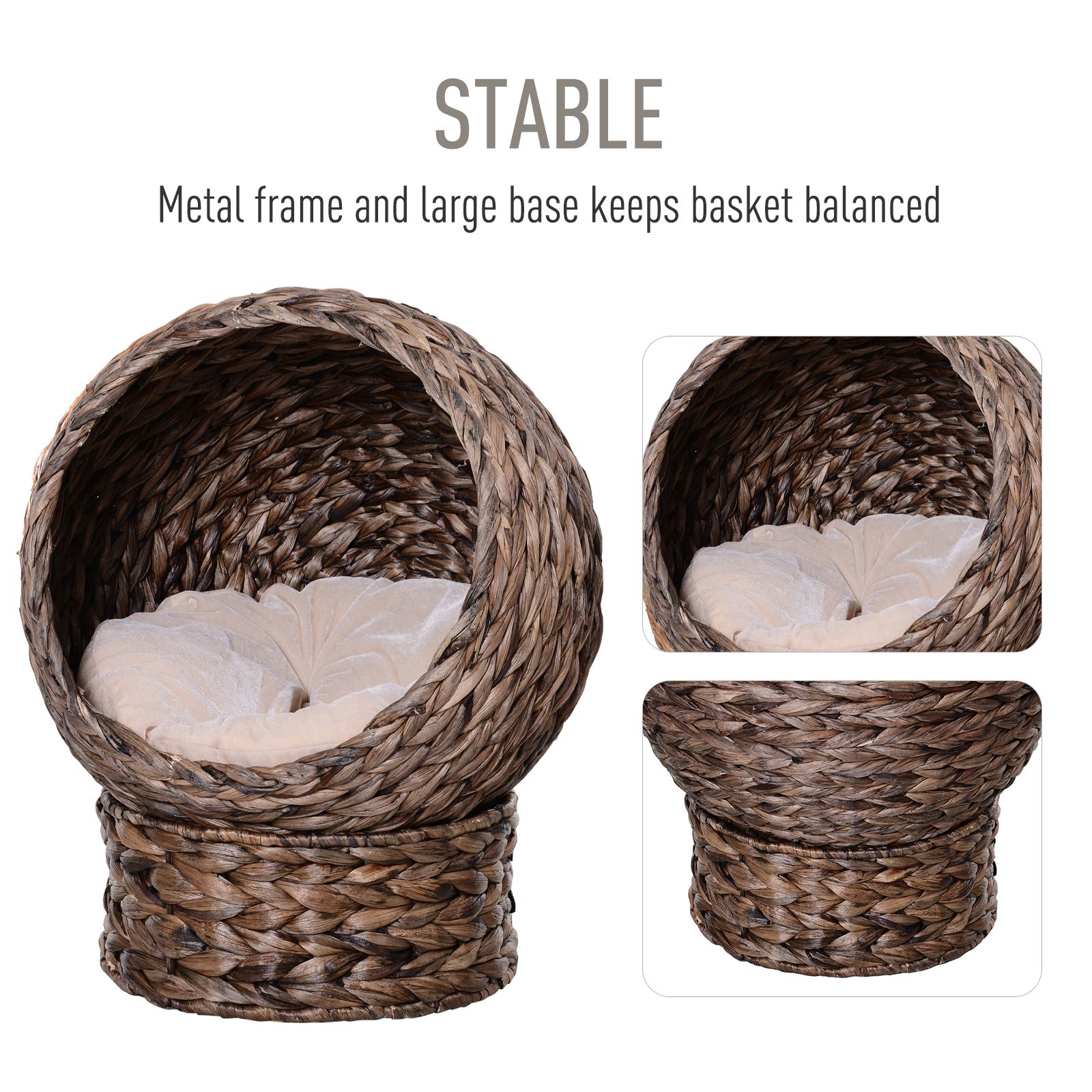 d010275750p PawHut Handmade Wicker Elevated Cat Bed with Cushion Dark Brown for Kittens - Image 4