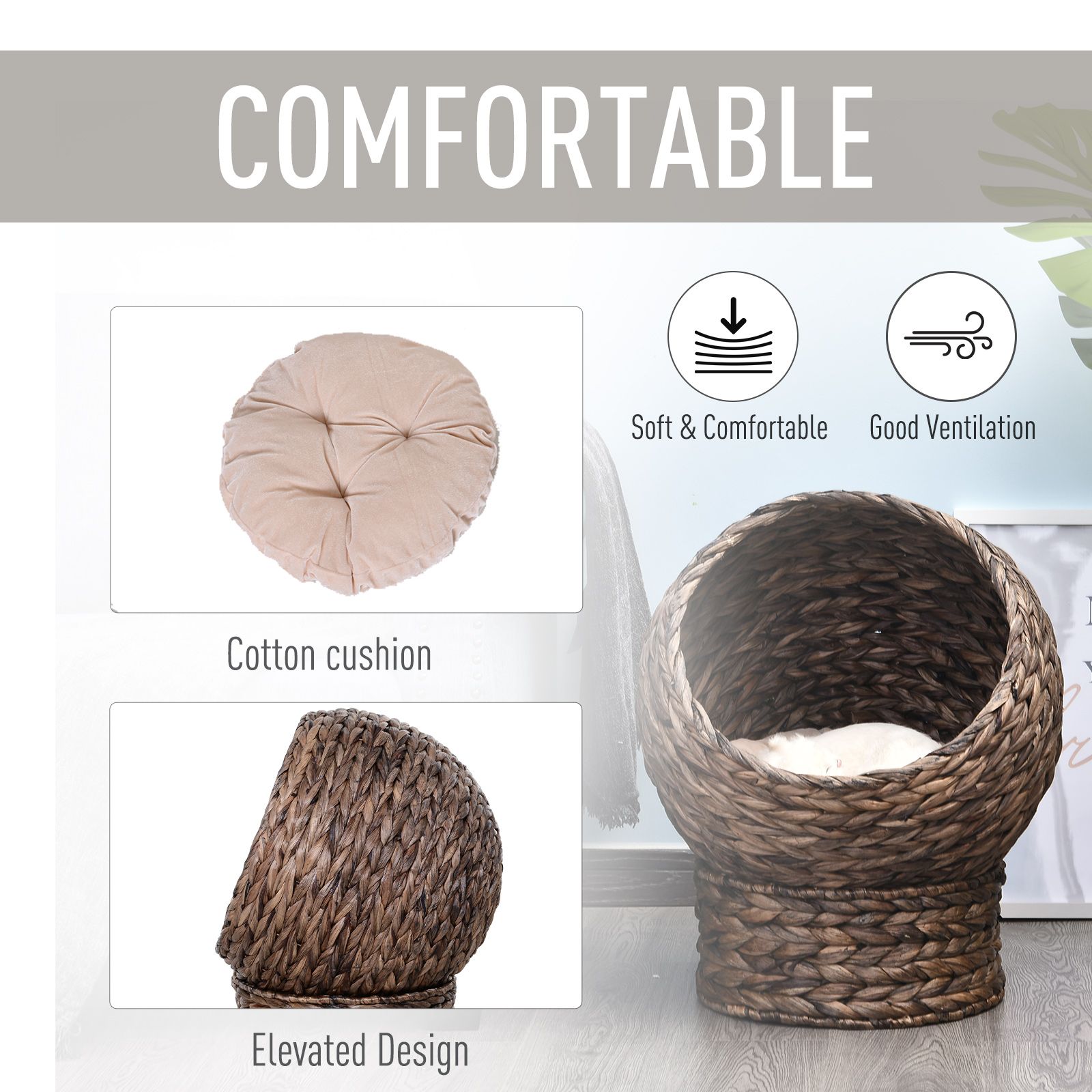 d010275750p PawHut Handmade Wicker Elevated Cat Bed with Cushion Dark Brown for Kittens - Image 5