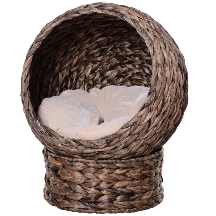 PawHut Handmade Wicker Elevated Cat Bed with Cushion Dark Brown for Kittens - Image 1