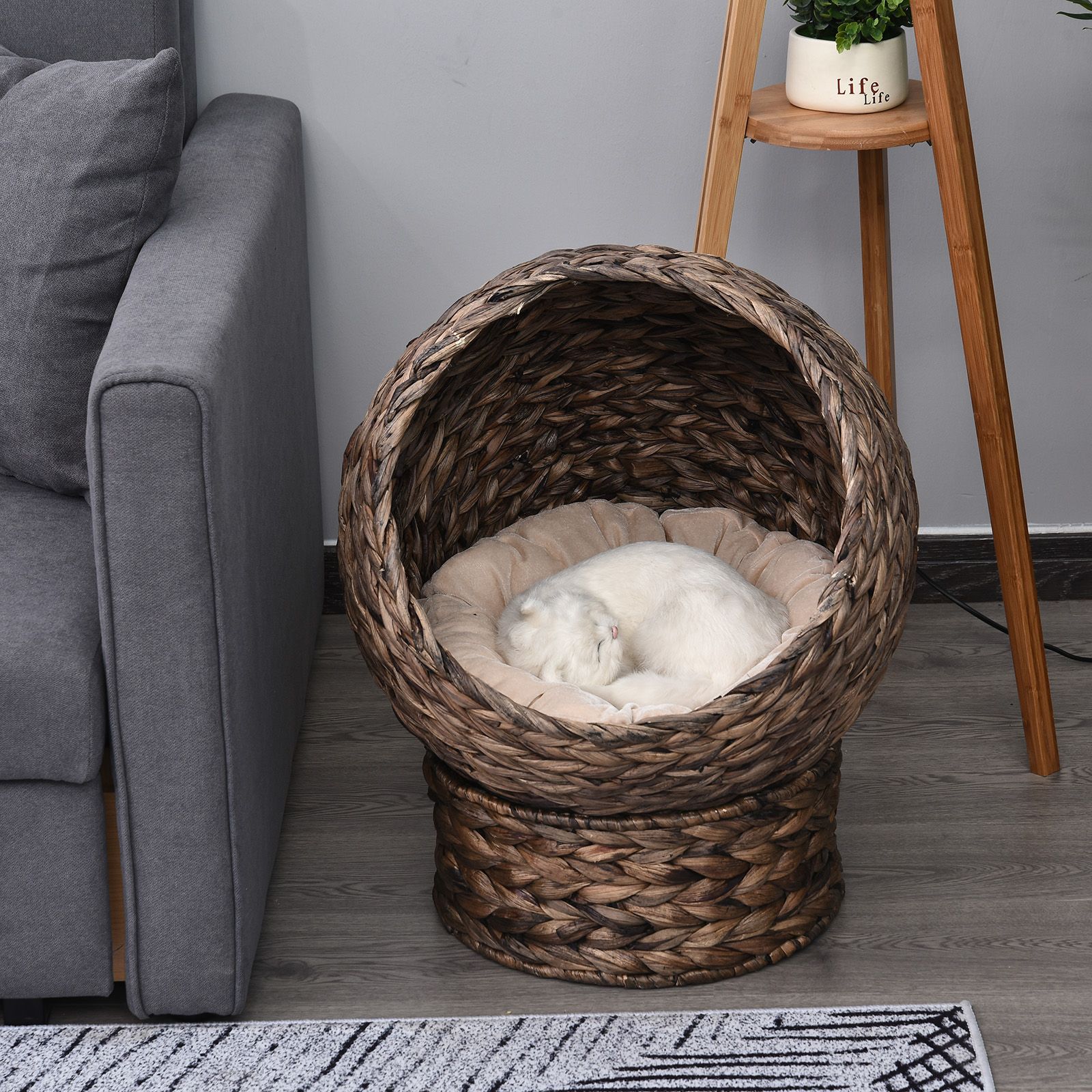 d010275750p PawHut Handmade Wicker Elevated Cat Bed with Cushion Dark Brown for Kittens - Image 7