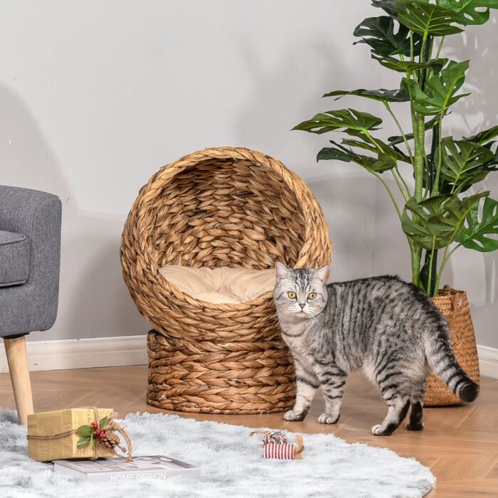 PawHut 20" Elevated Cat Bed, Natural Braided Banana Leaf Basket with Cushion, Brown - Image 2