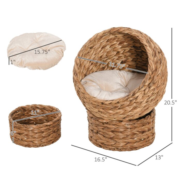 PawHut 20" Elevated Cat Bed, Natural Braided Banana Leaf Basket with Cushion, Brown - Image 3