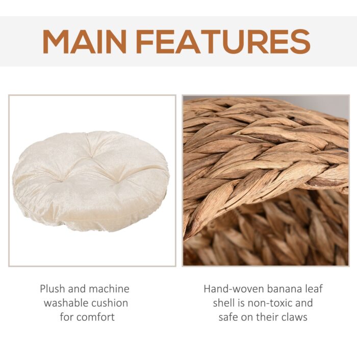 PawHut 20" Elevated Cat Bed, Natural Braided Banana Leaf Basket with Cushion, Brown - Image 4