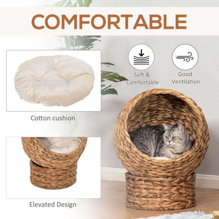 PawHut 20" Elevated Cat Bed, Natural Braided Banana Leaf Basket with Cushion, Brown - Image 5