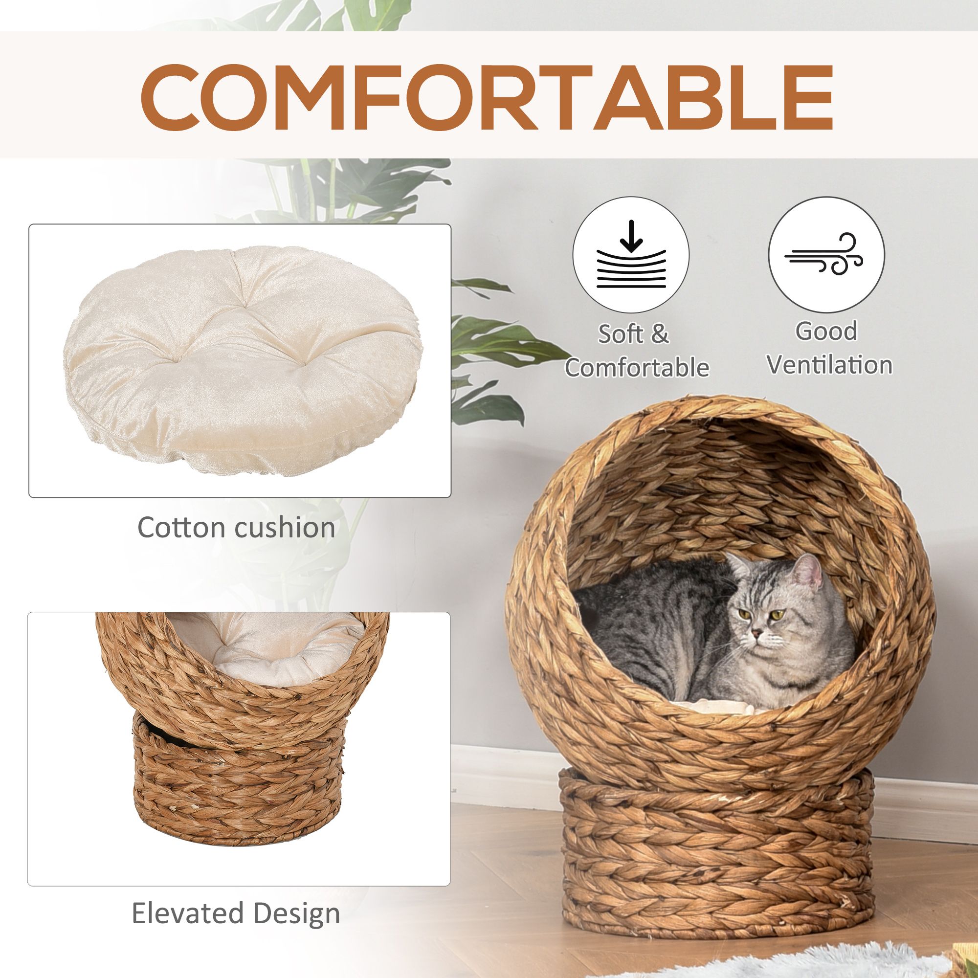 d01027575r2 PawHut 20" Elevated Cat Bed, Natural Braided Banana Leaf Basket with Cushion, Brown - Image 5