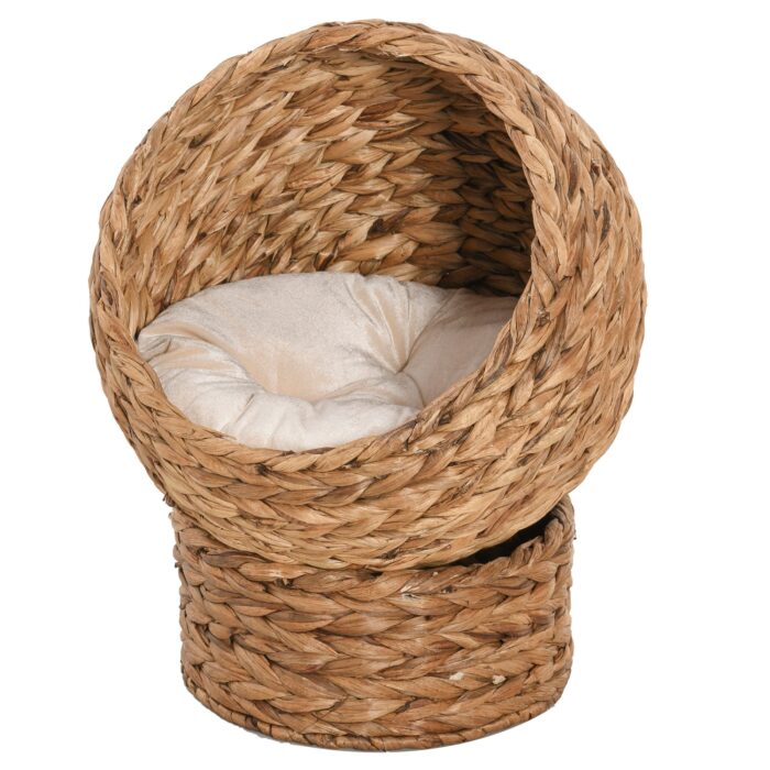PawHut 20" Elevated Cat Bed, Natural Braided Banana Leaf Basket with Cushion, Brown - Image 1