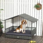 PawHut Rattan Outdoor Dog Bed with Canopy Soft Cushion Removable Cover Medium Large Dogs Gray - Image 2