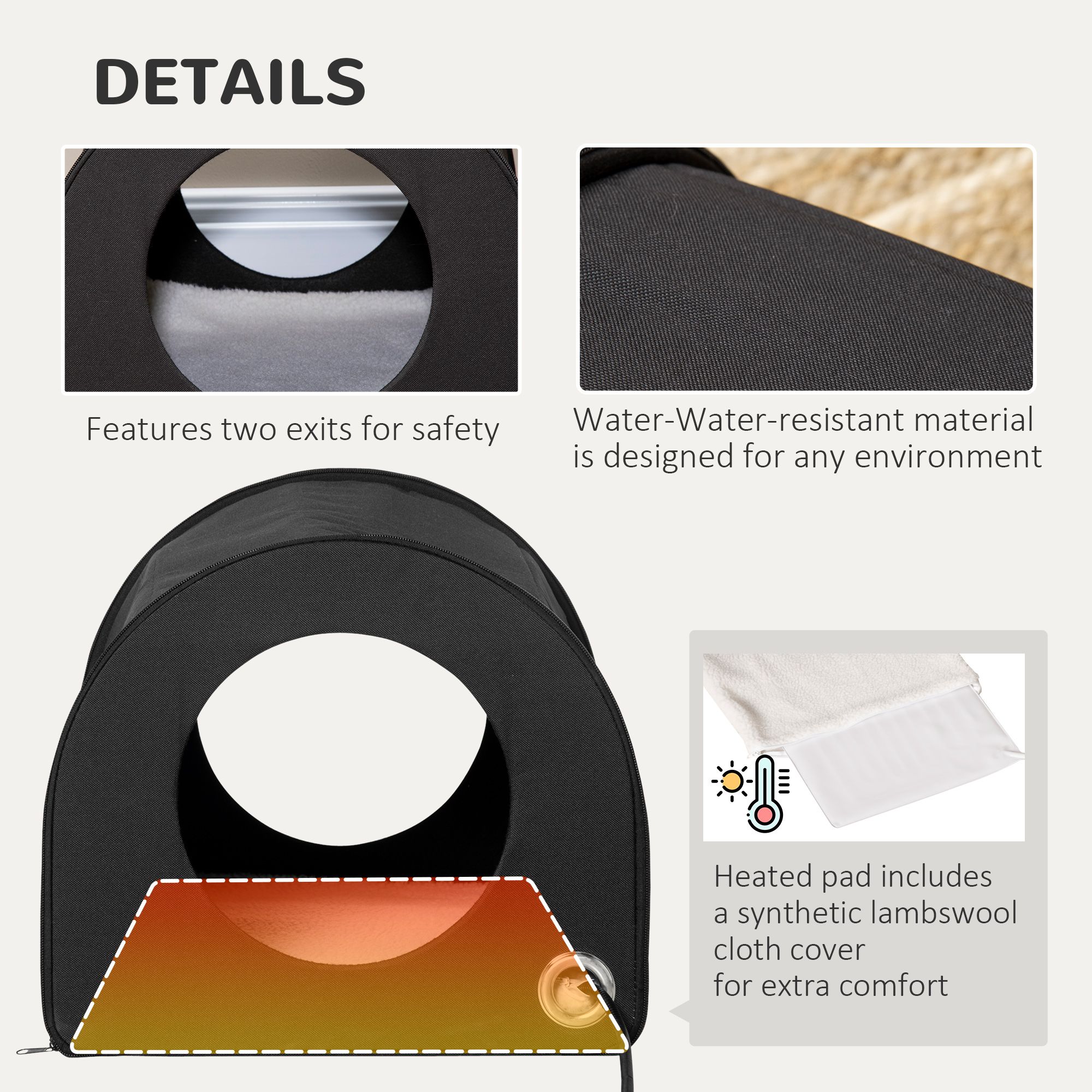 d0102757utx PawHut Winter Portable Heated Double Wide Water-Resistant Indoor Outdoor cat houses for multiple cats - Black - Image 4