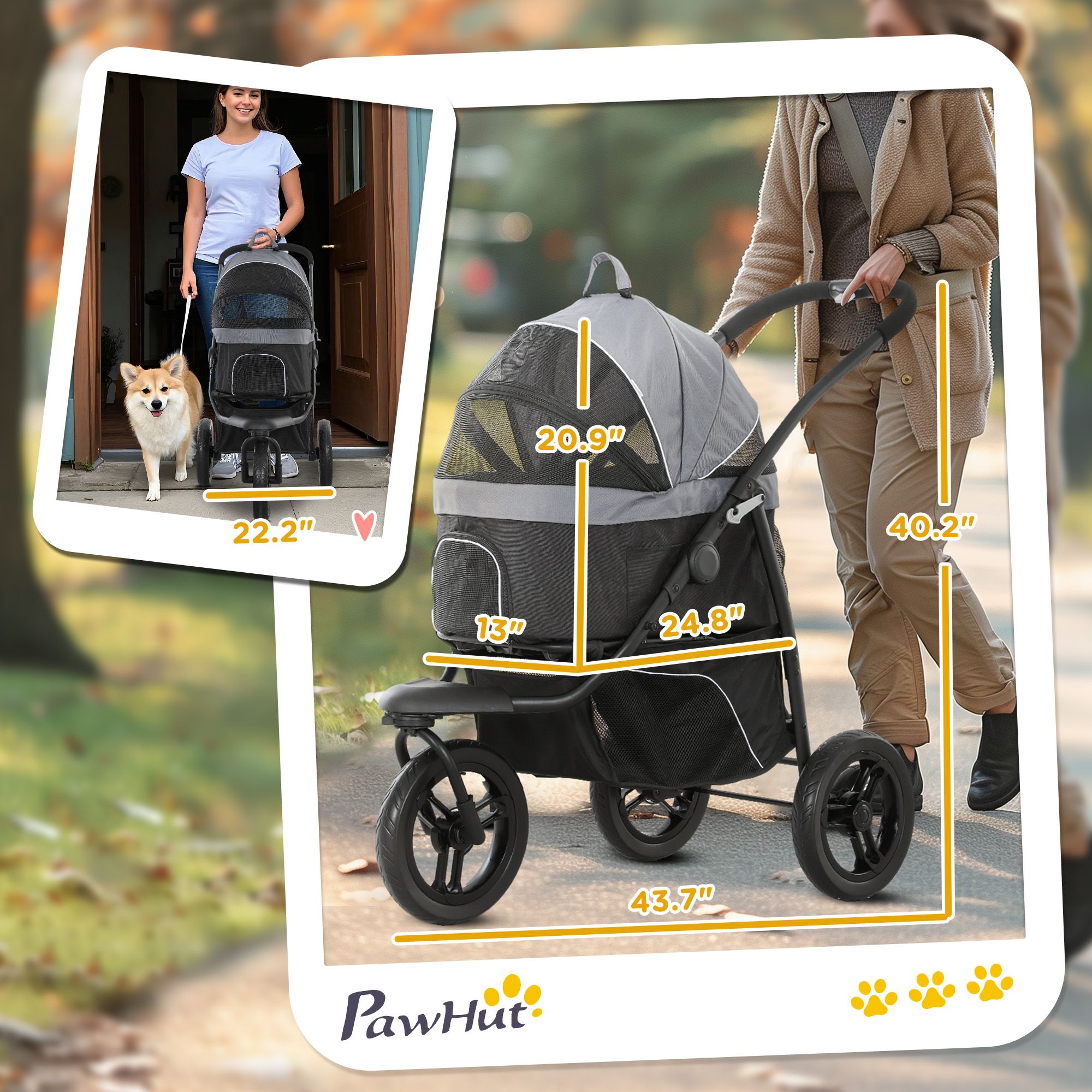 d010277nu66 PawHut 3 in 1 Pet Jogging Stroller for Small Dogs and Cats with Detachable Carrier, Storage Basket, Gray - Image 3