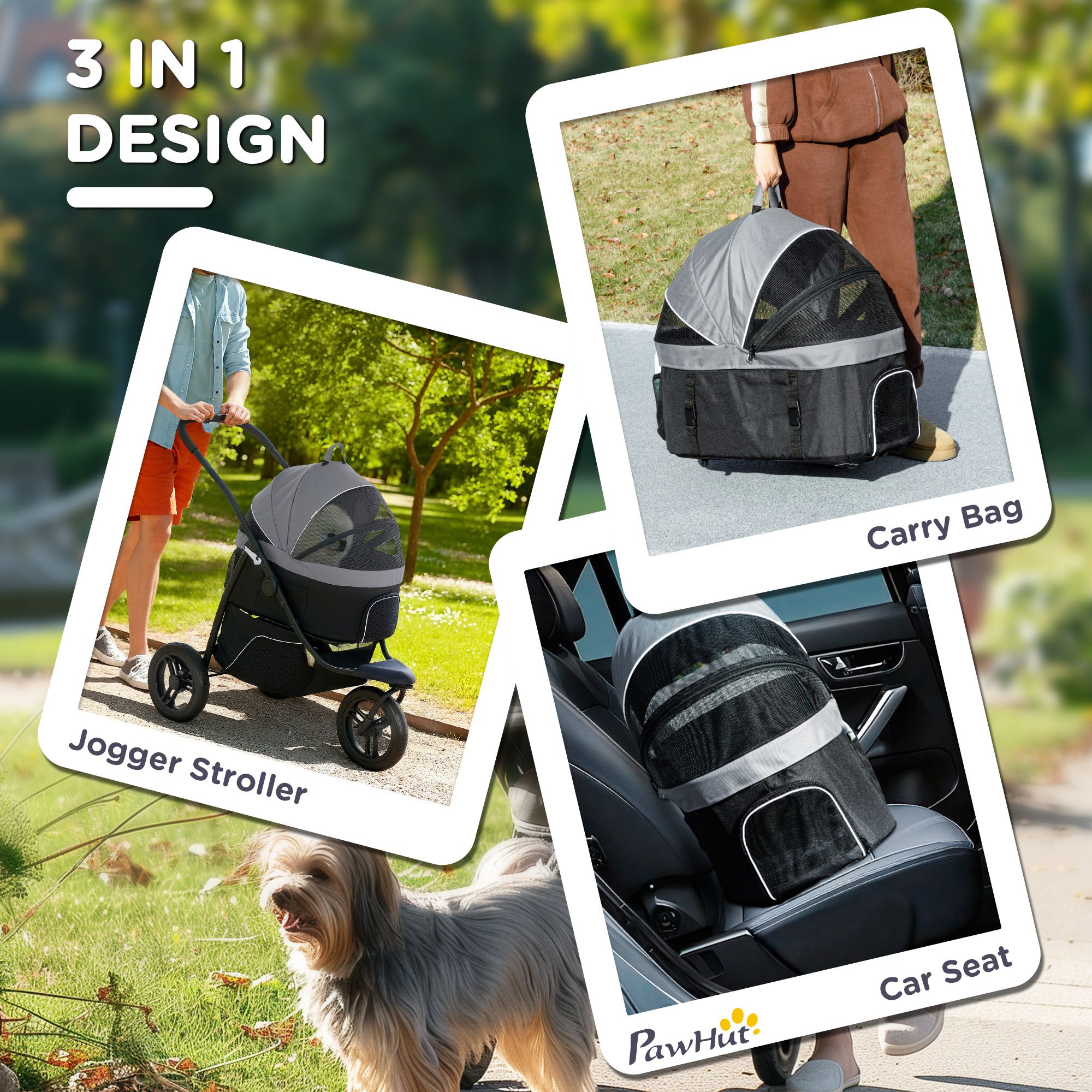 d010277nu66 PawHut 3 in 1 Pet Jogging Stroller for Small Dogs and Cats with Detachable Carrier, Storage Basket, Gray - Image 4