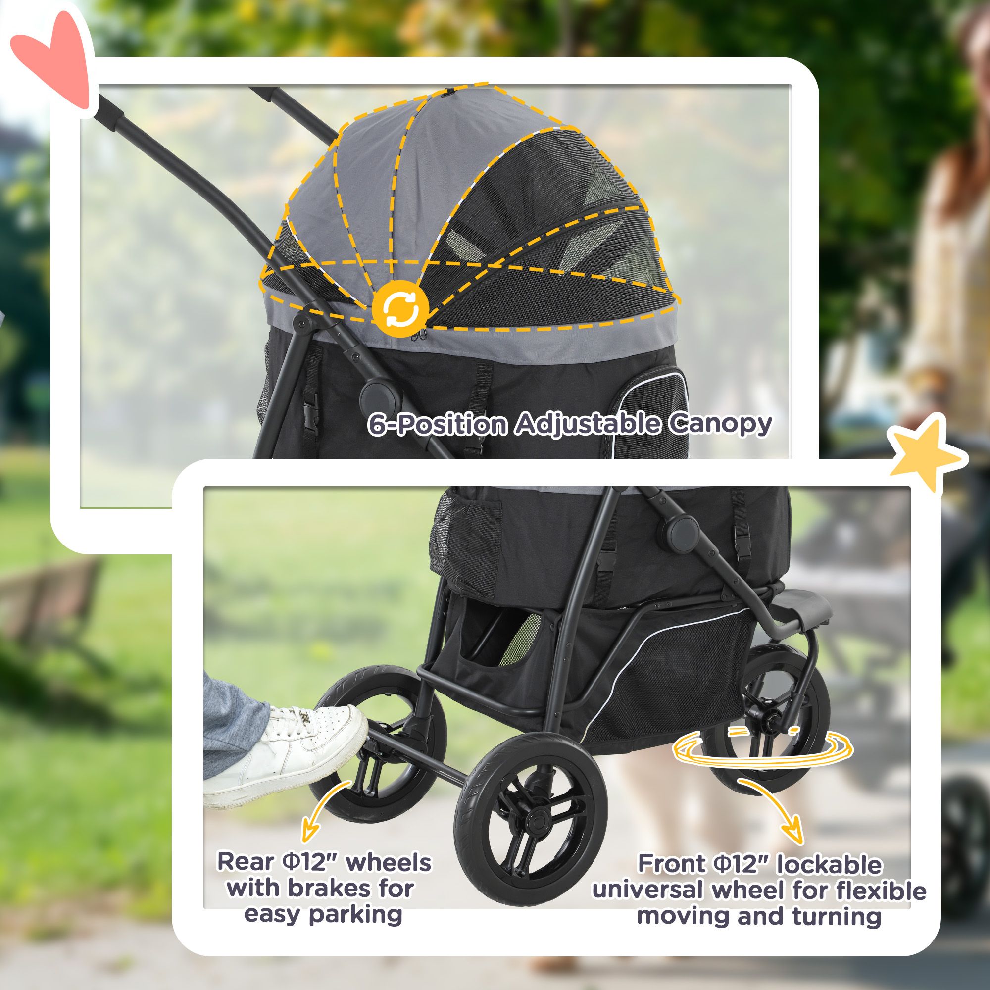 d010277nu66 PawHut 3 in 1 Pet Jogging Stroller for Small Dogs and Cats with Detachable Carrier, Storage Basket, Gray - Image 6