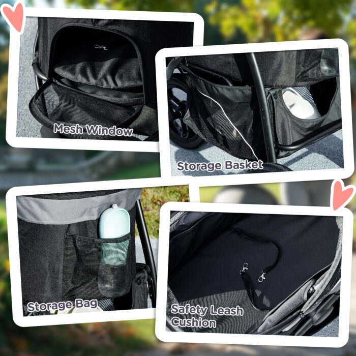 PawHut 3 in 1 Pet Jogging Stroller for Small Dogs and Cats with Detachable Carrier, Storage Basket, Gray - Image 7