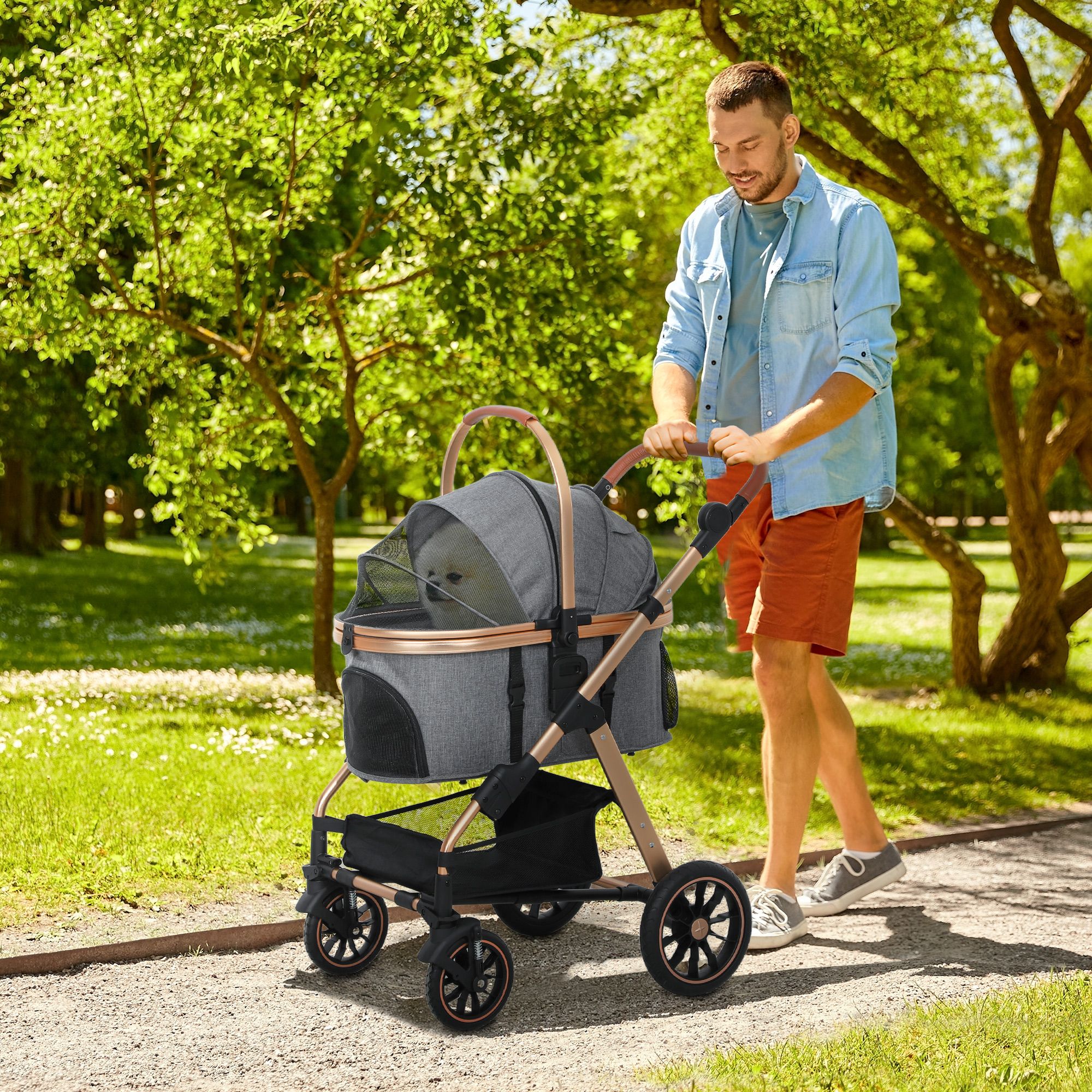 d010277nutt PawHut 3 in 1 Dog Stroller with Detachable Cabin, 4 Wheel Folding Lightweight Pet Stroller for Small Dogs, Gray - Image 2