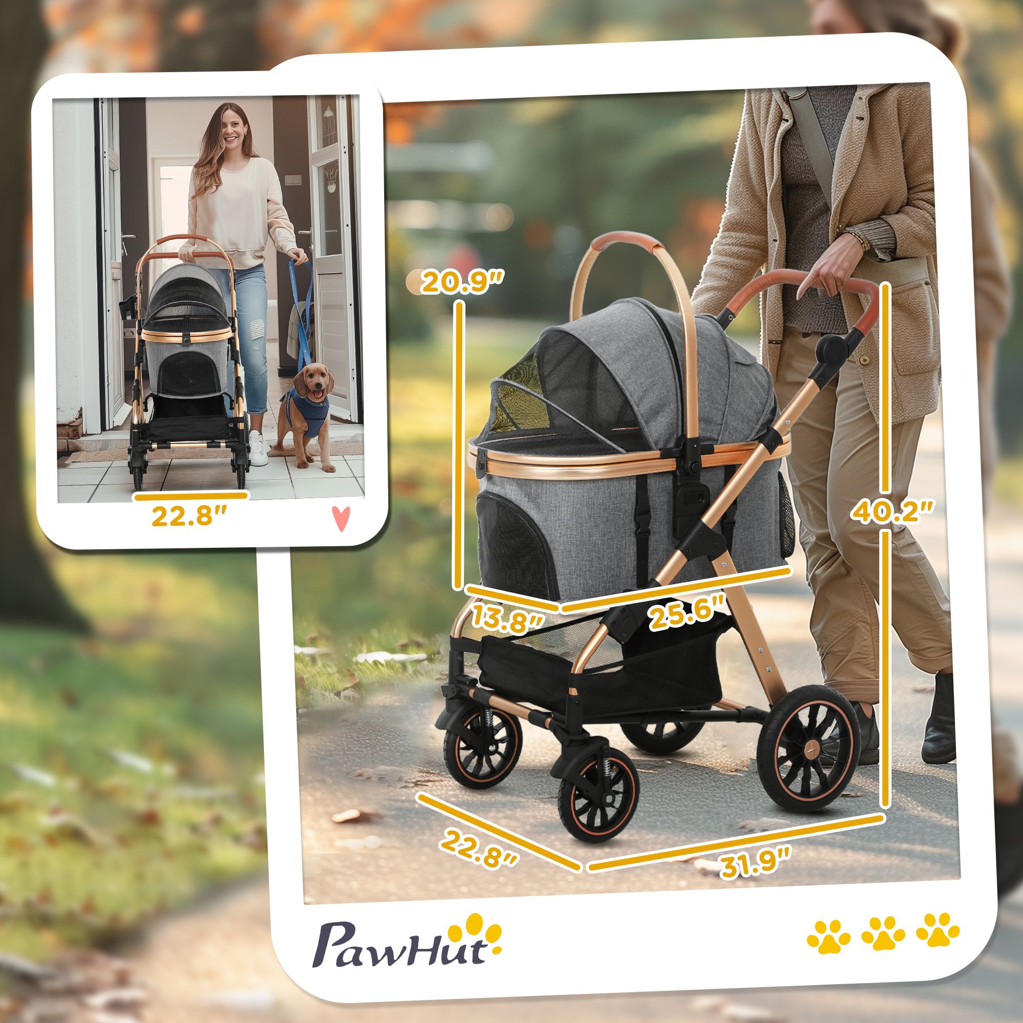 d010277nutt PawHut 3 in 1 Dog Stroller with Detachable Cabin, 4 Wheel Folding Lightweight Pet Stroller for Small Dogs, Gray - Image 3