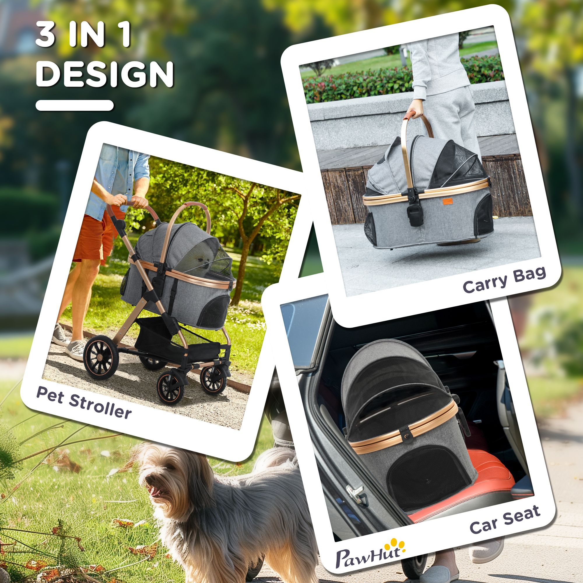 d010277nutt PawHut 3 in 1 Dog Stroller with Detachable Cabin, 4 Wheel Folding Lightweight Pet Stroller for Small Dogs, Gray - Image 4