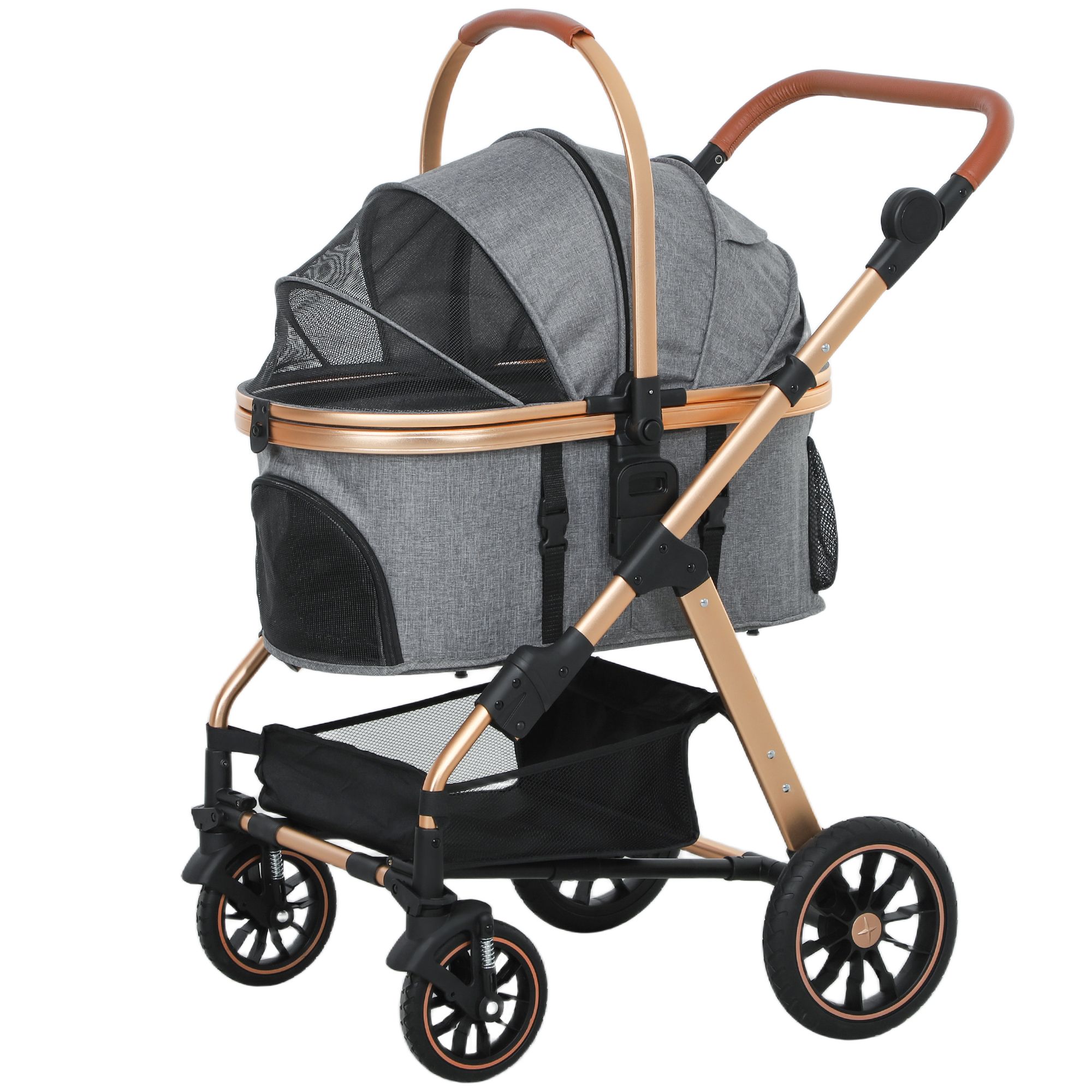 d010277nutt PawHut 3 in 1 Dog Stroller with Detachable Cabin, 4 Wheel Folding Lightweight Pet Stroller for Small Dogs, Gray - Image 1