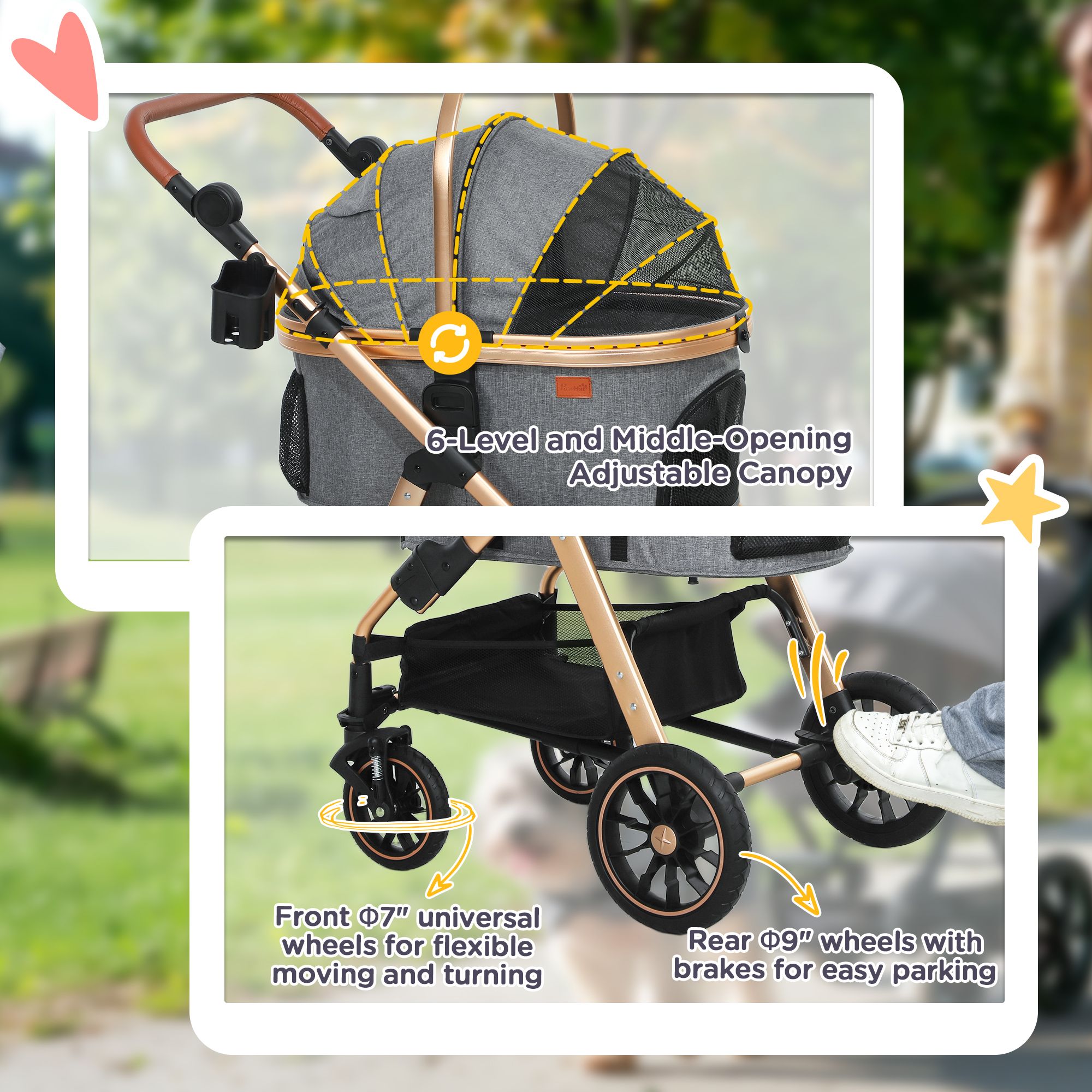d010277nutt PawHut 3 in 1 Dog Stroller with Detachable Cabin, 4 Wheel Folding Lightweight Pet Stroller for Small Dogs, Gray - Image 7