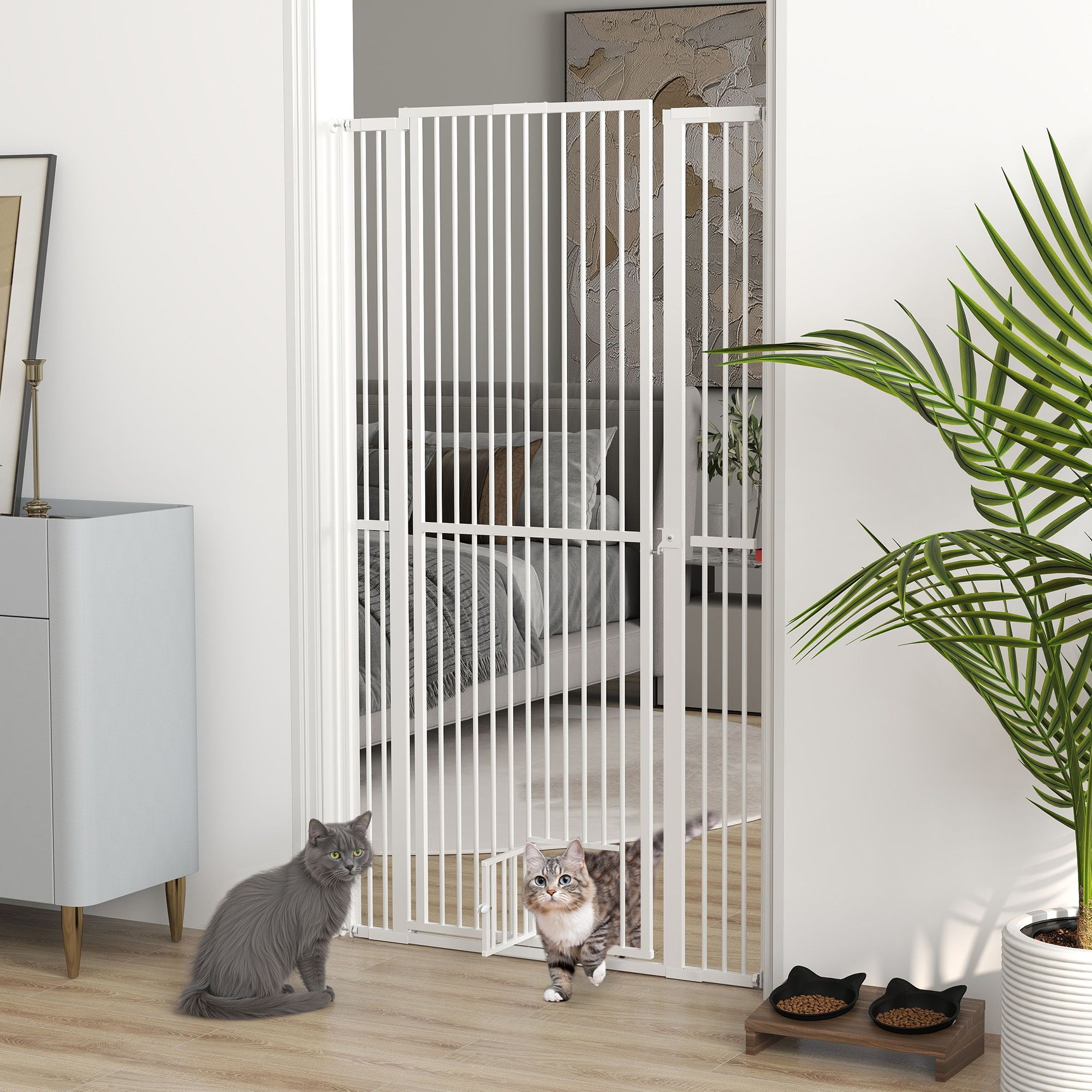 d010277nuxx PawHut 67" Extra Tall Pet Gate, 30"-41" Dog Gate with Cat Door, 1.4" Narrow Gap, 2.8" and 5.5" Extension, for Doorway, Hallway - Image 2
