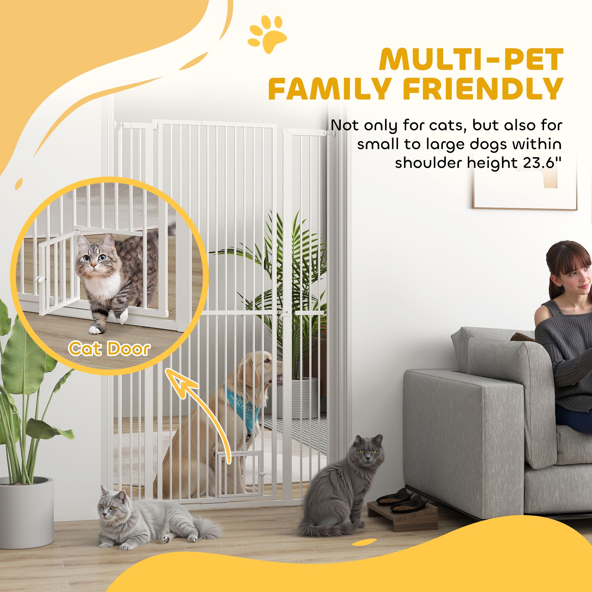 d010277nuxx PawHut 67" Extra Tall Pet Gate, 30"-41" Dog Gate with Cat Door, 1.4" Narrow Gap, 2.8" and 5.5" Extension, for Doorway, Hallway - Image 4