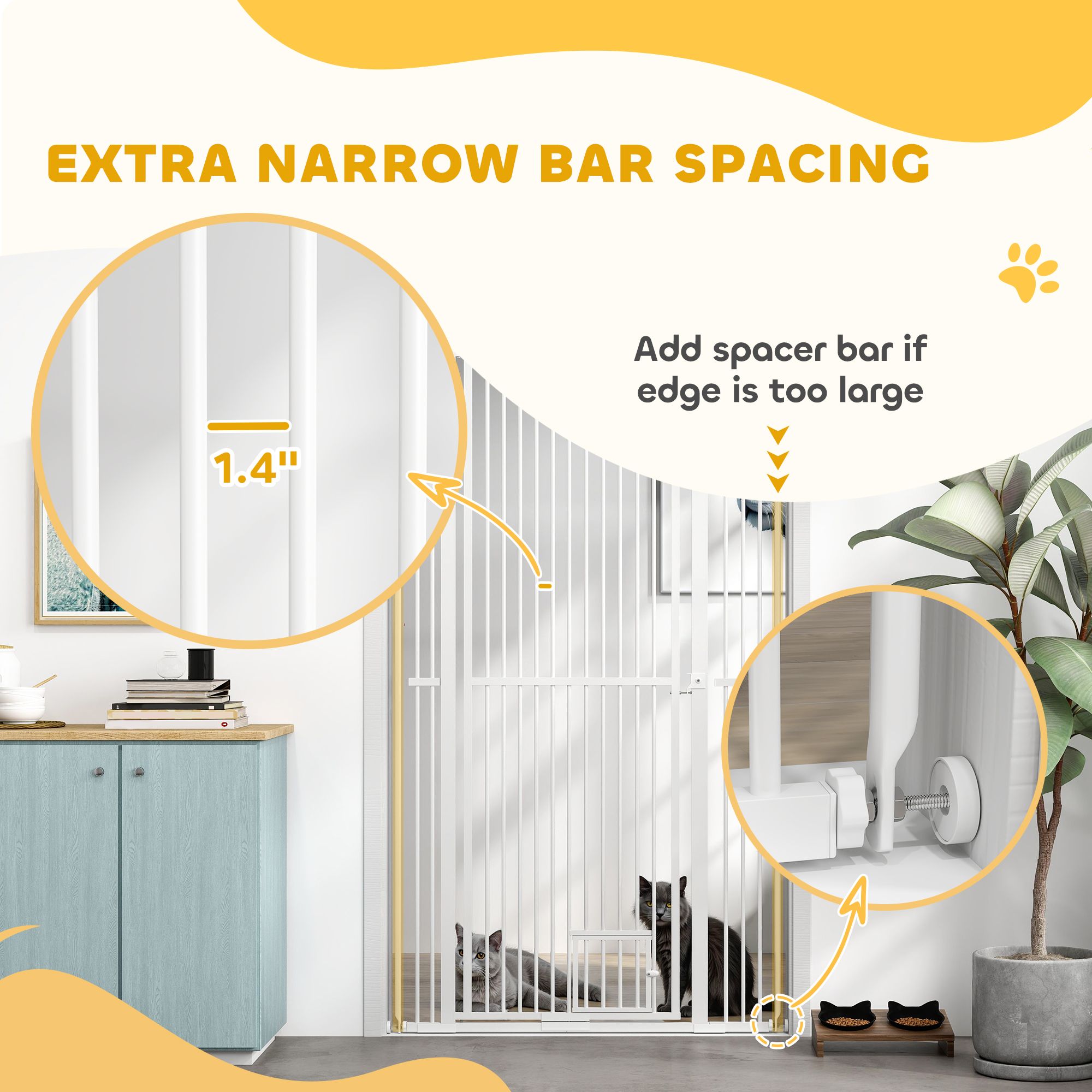 d010277nuxx PawHut 67" Extra Tall Pet Gate, 30"-41" Dog Gate with Cat Door, 1.4" Narrow Gap, 2.8" and 5.5" Extension, for Doorway, Hallway - Image 5