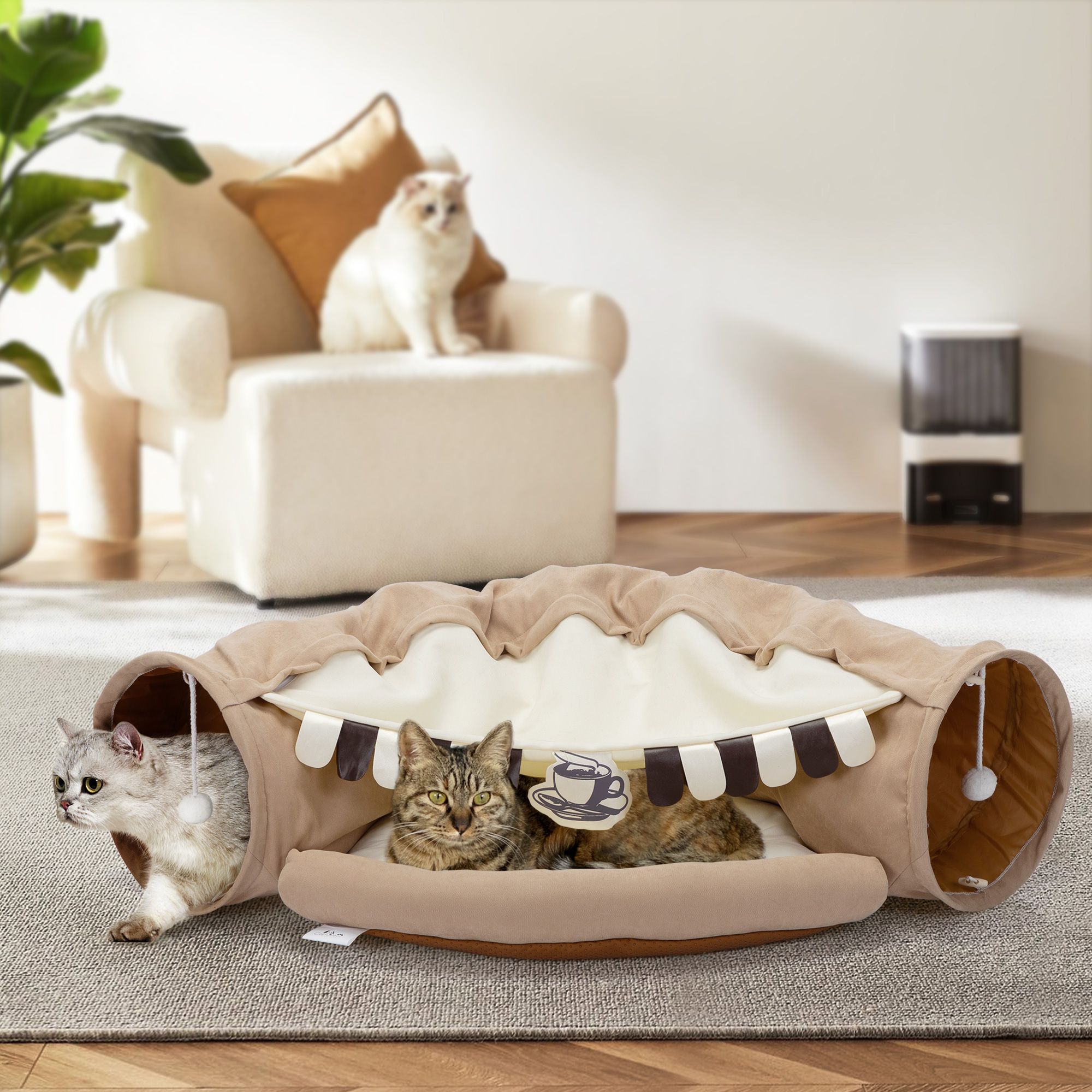 d0102h2qcbw Collapsible Cat Tunnel Bed;  Hide Tunnel for Indoor Cats with Hanging Toys and Cushion Mat;  XH - Image 1