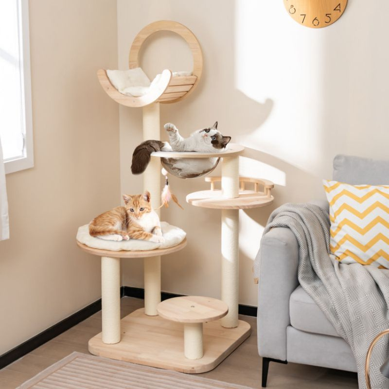 d0102hgtrsa 4-in-1 Large Wooden Cat Tower with Space Capsule Nest for Indoor Cats - Image 1
