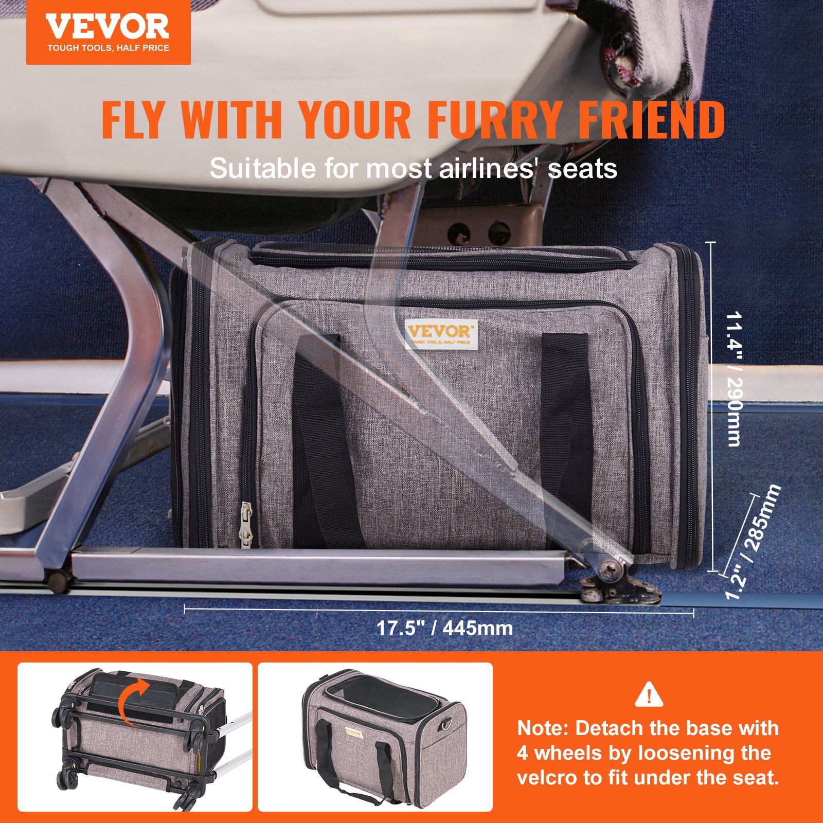d0102hqa02g VEVOR Cat Carrier with Wheels, Airline Approved Rolling Pet Carrier with Telescopic Handle and Shoulder Strap, Dog Carrier with Wheels for Pets under 25 lbs, with 1 Folding Bowl, Grey - Image 2