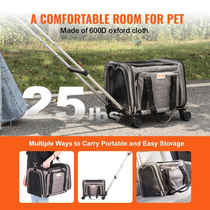 VEVOR Cat Carrier with Wheels, Airline Approved Rolling Pet Carrier with Telescopic Handle and Shoulder Strap, Dog Carrier with Wheels for Pets under 25 lbs, with 1 Folding Bowl, Grey - Image 5