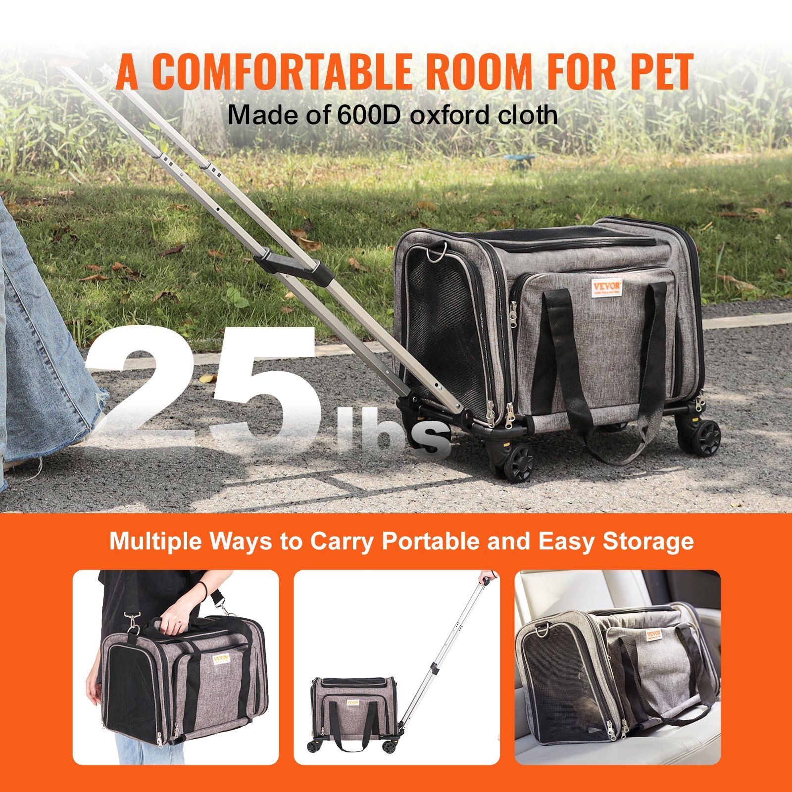 d0102hqa02g VEVOR Cat Carrier with Wheels, Airline Approved Rolling Pet Carrier with Telescopic Handle and Shoulder Strap, Dog Carrier with Wheels for Pets under 25 lbs, with 1 Folding Bowl, Grey - Image 5