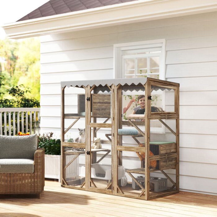 PawHut Outdoor Cat Enclosure with Window Access, 5 Platforms and 2 Resting Boxes, Waterproof Roof for Multiple Cats, Brown - Image 2