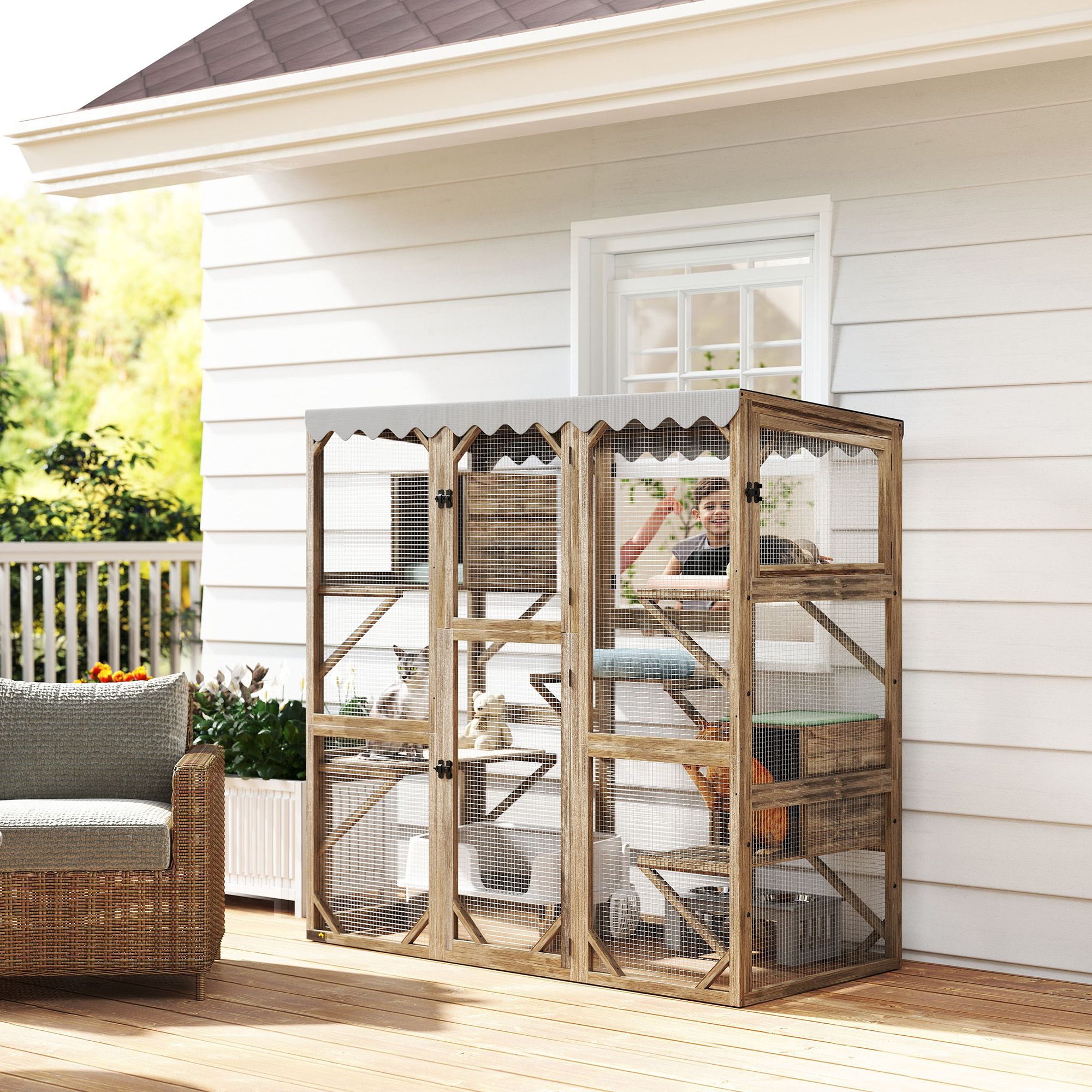 d0102x3vilu PawHut Outdoor Cat Enclosure with Window Access, 5 Platforms and 2 Resting Boxes, Waterproof Roof for Multiple Cats, Brown - Image 2