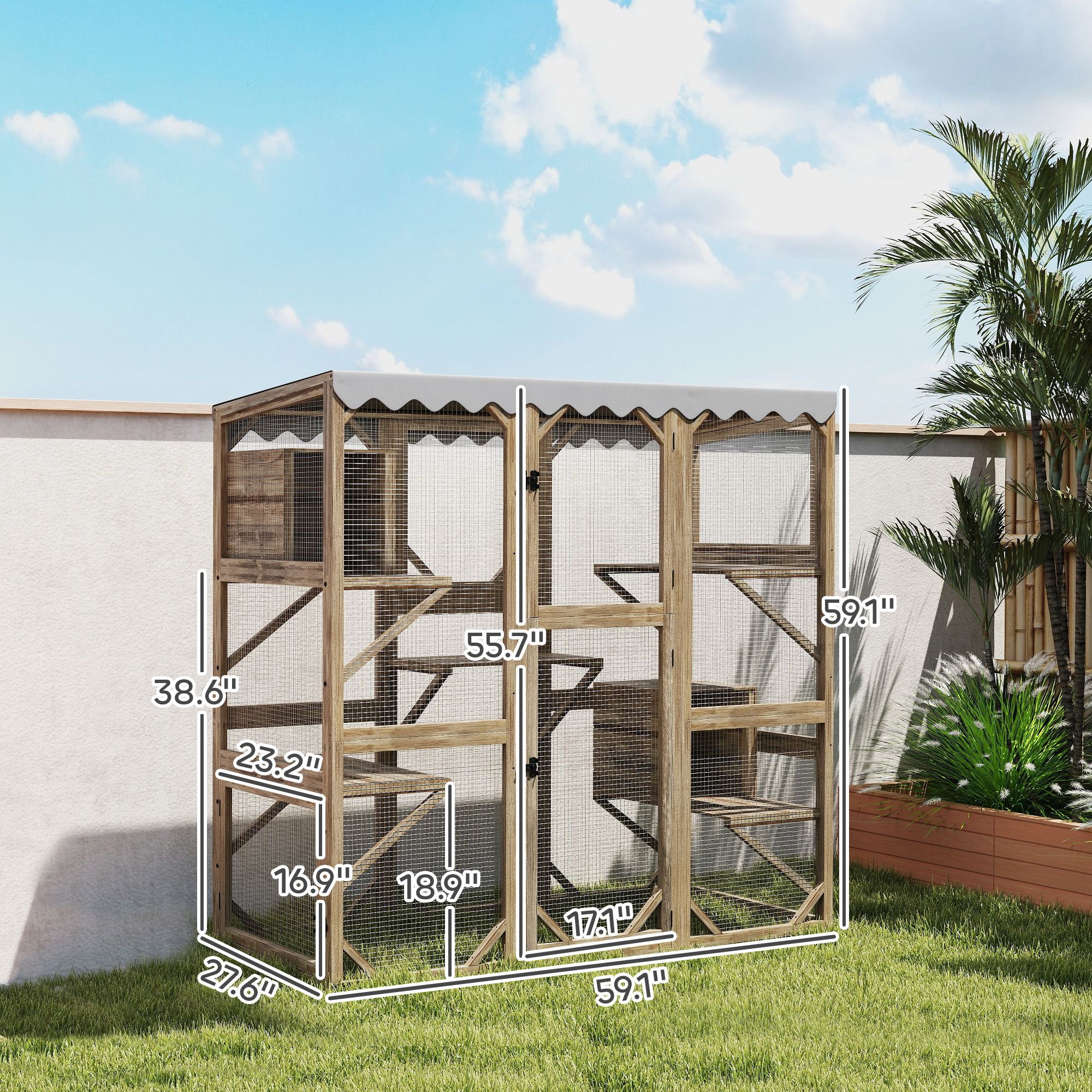 d0102x3vilu PawHut Outdoor Cat Enclosure with Window Access, 5 Platforms and 2 Resting Boxes, Waterproof Roof for Multiple Cats, Brown - Image 3