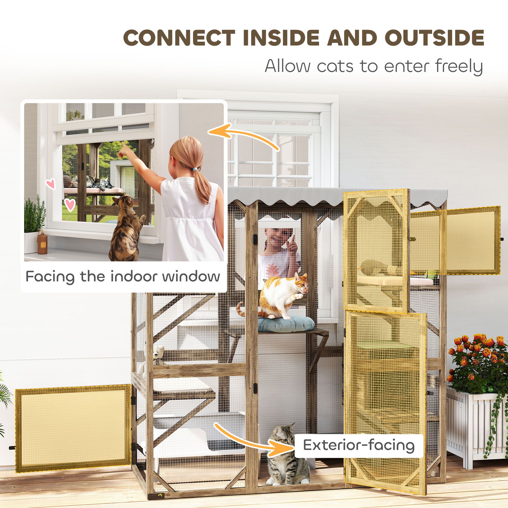 d0102x3vilu PawHut Outdoor Cat Enclosure with Window Access, 5 Platforms and 2 Resting Boxes, Waterproof Roof for Multiple Cats, Brown - Image 4