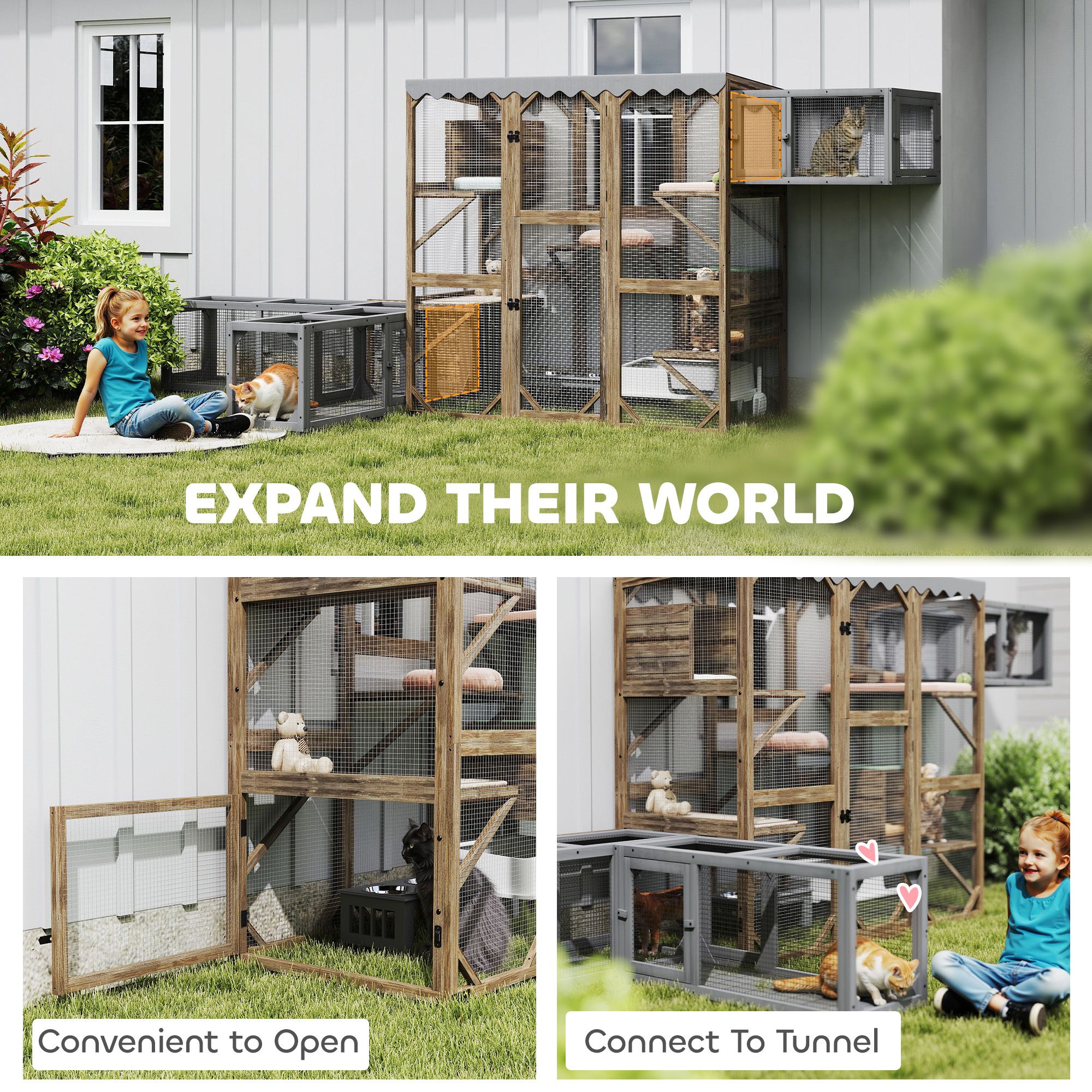d0102x3vilu PawHut Outdoor Cat Enclosure with Window Access, 5 Platforms and 2 Resting Boxes, Waterproof Roof for Multiple Cats, Brown - Image 5