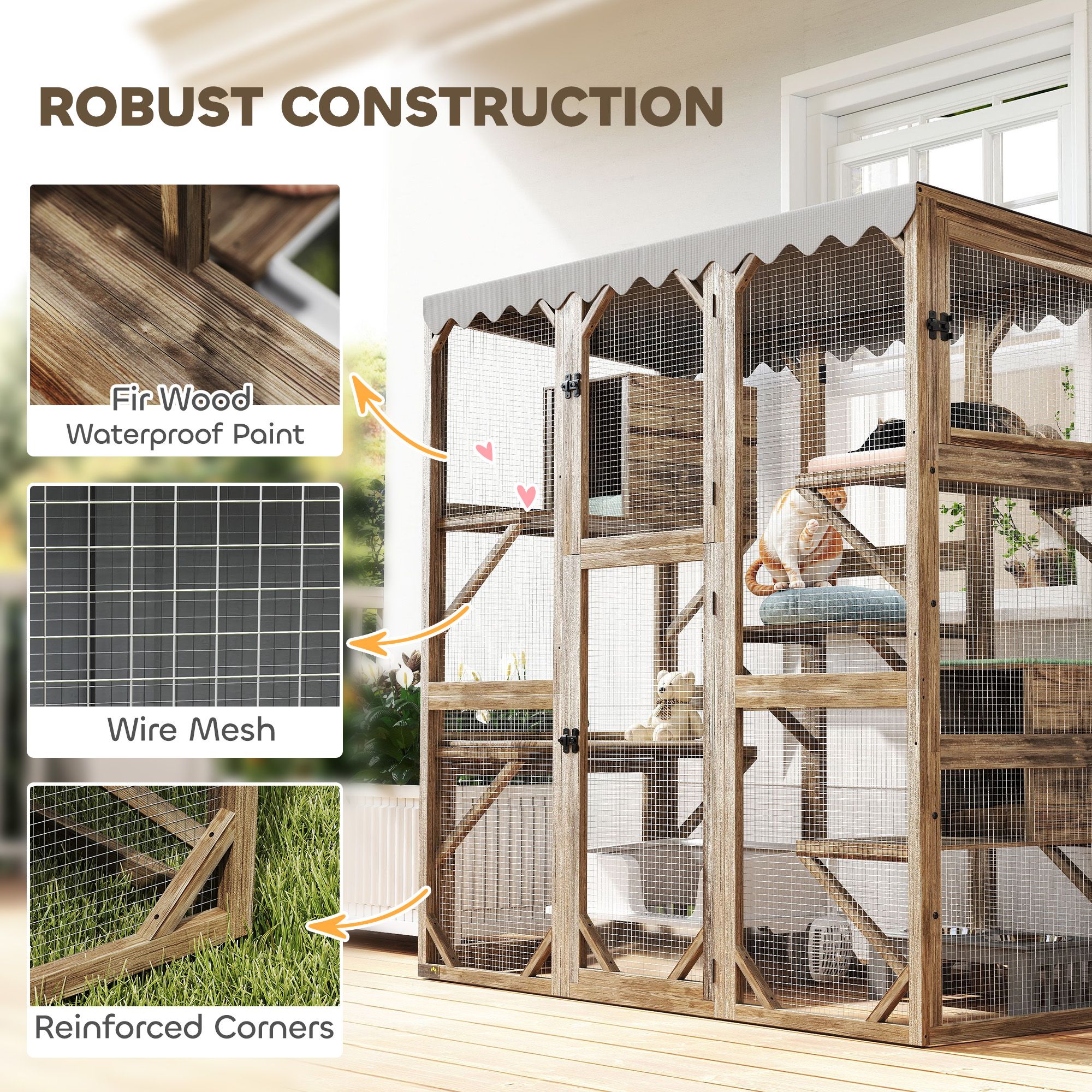 d0102x3vilu PawHut Outdoor Cat Enclosure with Window Access, 5 Platforms and 2 Resting Boxes, Waterproof Roof for Multiple Cats, Brown - Image 6