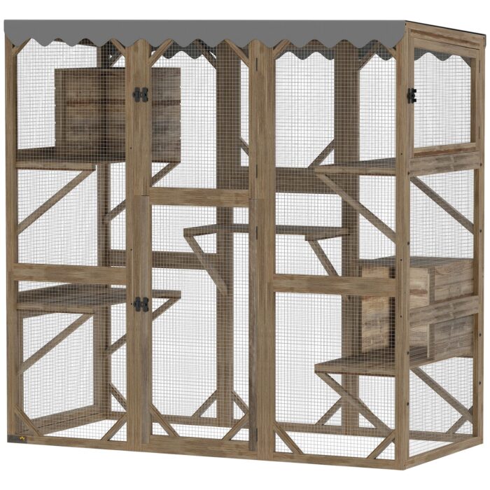 PawHut Outdoor Cat Enclosure with Window Access, 5 Platforms and 2 Resting Boxes, Waterproof Roof for Multiple Cats, Brown - Image 1