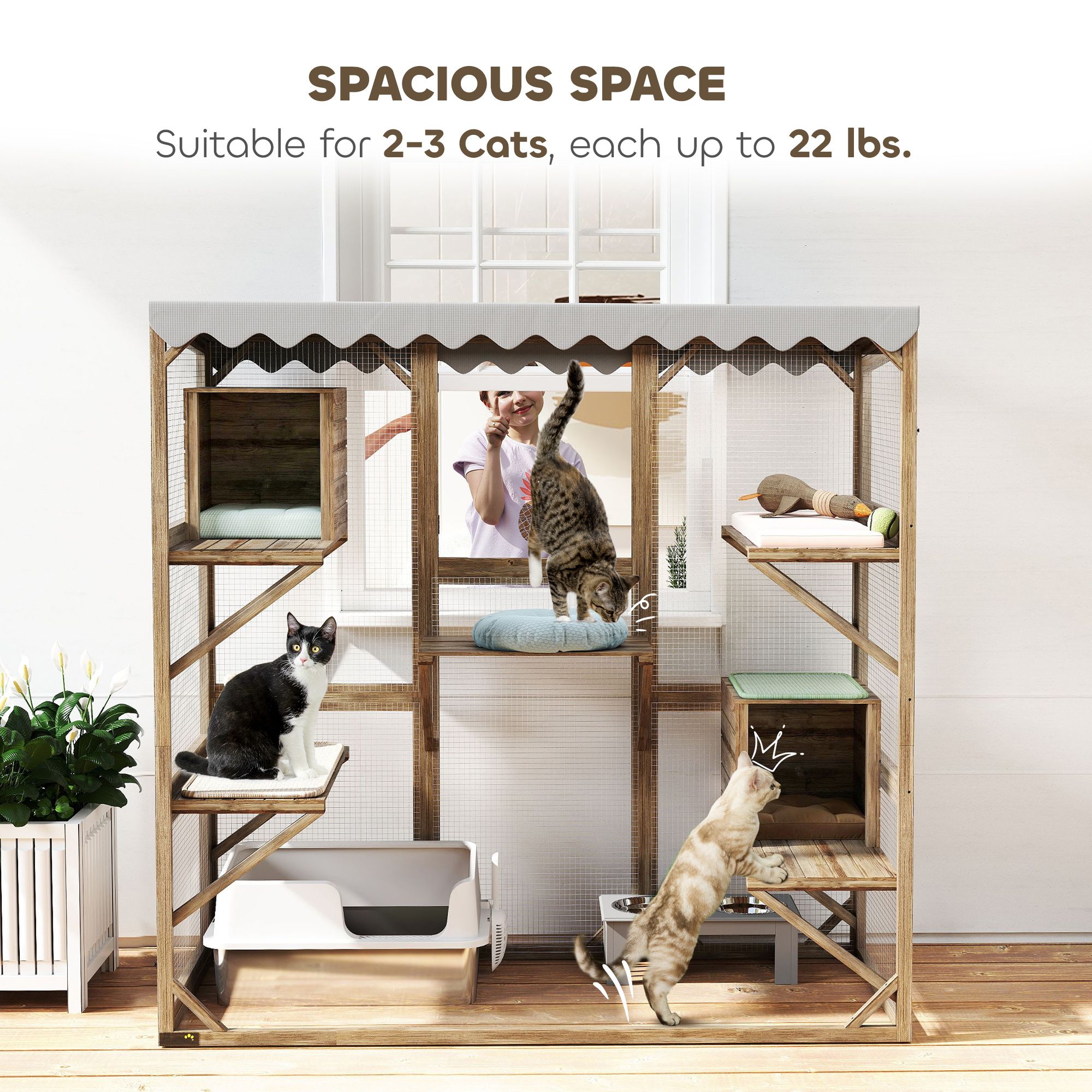d0102x3vilu PawHut Outdoor Cat Enclosure with Window Access, 5 Platforms and 2 Resting Boxes, Waterproof Roof for Multiple Cats, Brown - Image 7